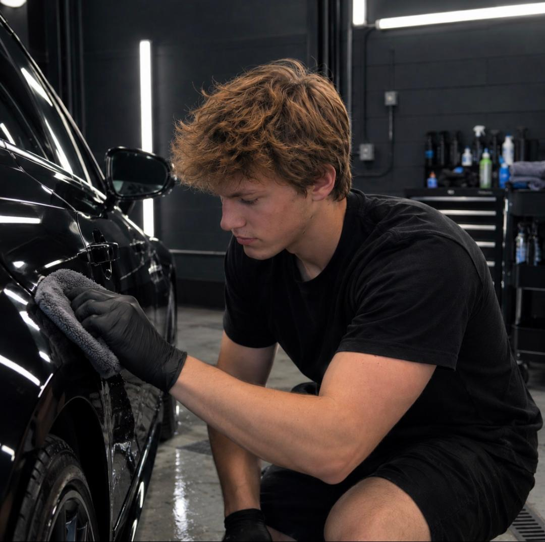 Tim from LT Detailing carefully hand-detailing a black vehicle